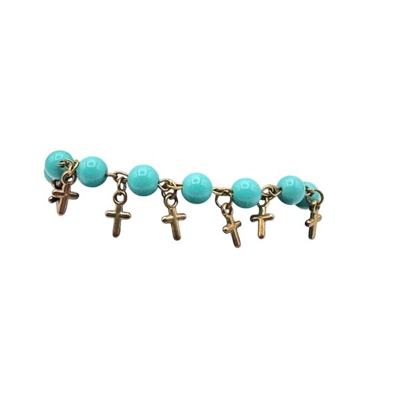 Gold-Tone Cross Charm Bracelet With Turquoise Beads & Lobster Clasp - Picture 2 of 4